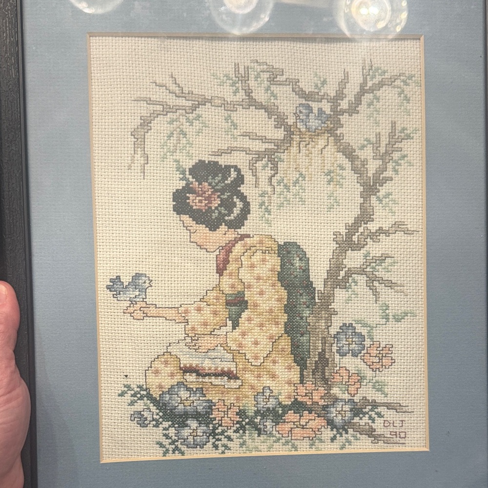 Framed Vintage Cross-Stitch Geisha with Bird - Soft Pastel Palette